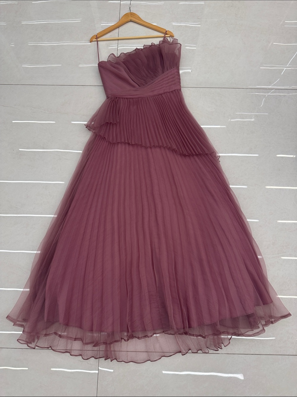 Theia Strapless Pleated Midi Dress in Dusty Rose